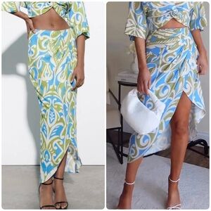 Zara Tropical Print Midi Skirt Front Slit & Crossover Detail Linen Blend Size S